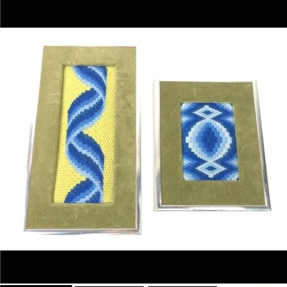 Vintage Mid Century Modern Needlepoint Art Set 2 Velvet Mat Silver Metal Frames